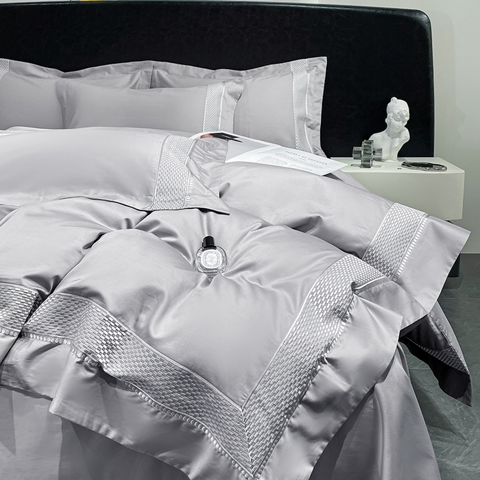 91家纺网 家纺一手货源 找家纺 皇寝世家家居 2025新款全棉新疆长绒棉100支四件套刺绣款- 亦舒系列 亦舒-浅苍灰