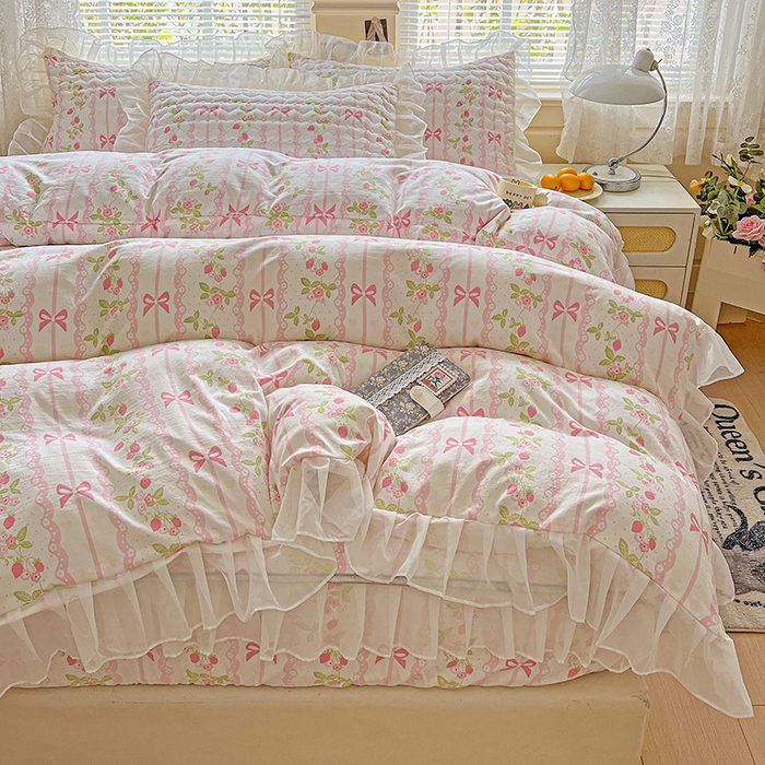 艾橙家纺 2025新款雪纺花边加棉床笠款单品四件套-单被套 微风许甜