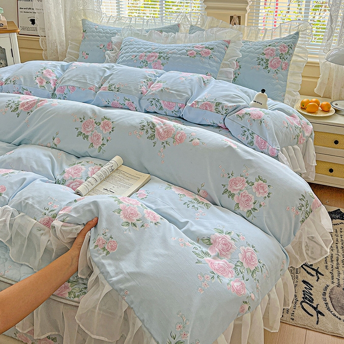 （总）艾橙家纺 2025新款雪纺花边加棉床笠款单品四件套