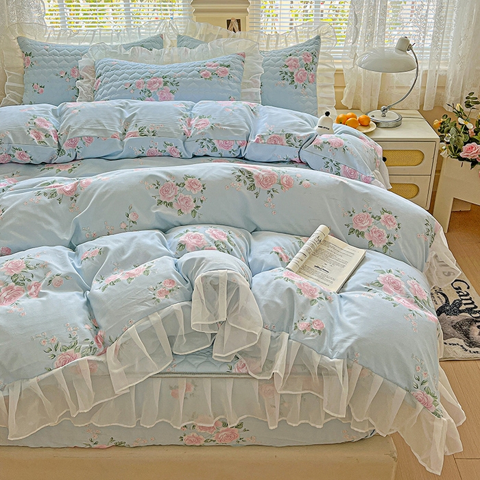 91家纺网 家纺一手货源 找家纺 （总）艾橙家纺 2025新款雪纺花边加棉床笠款单品四件套