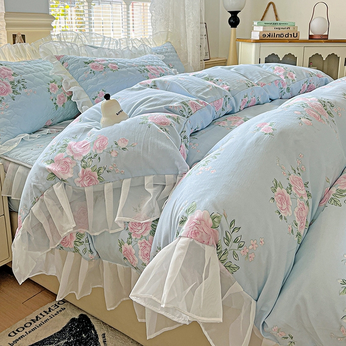 91家纺网 家纺一手货源 找家纺 （总）艾橙家纺 2025新款雪纺花边加棉床笠款单品四件套