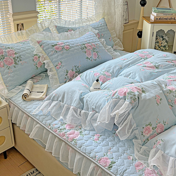 91家纺网 家纺一手货源 找家纺 （总）艾橙家纺 2025新款雪纺花边加棉床笠款单品四件套