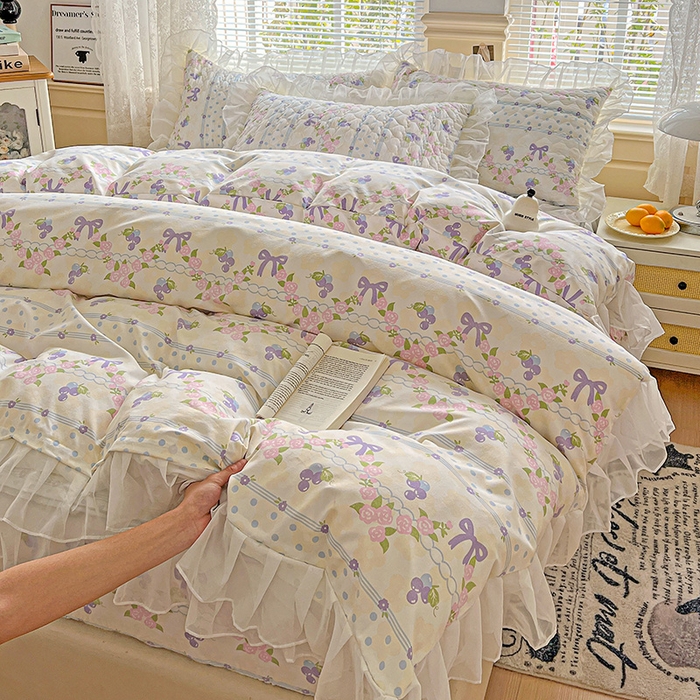 艾橙家纺 2025新款雪纺花边加棉床笠款单品四件套 半旧时光