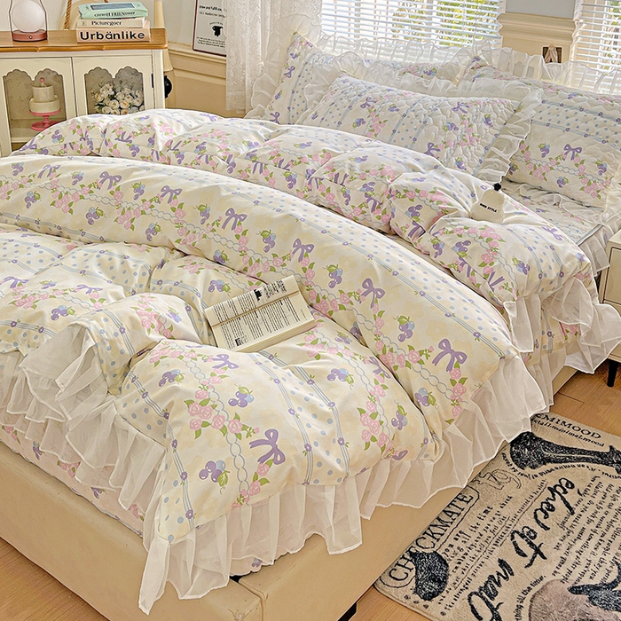 91家纺网 家纺一手货源 找家纺 艾橙家纺 2025新款雪纺花边加棉床笠款单品四件套 半旧时光