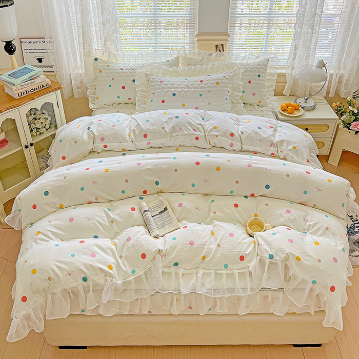 91家纺网 家纺一手货源 找家纺 艾橙家纺 2025新款雪纺花边加棉床笠款单品四件套 彩色波点