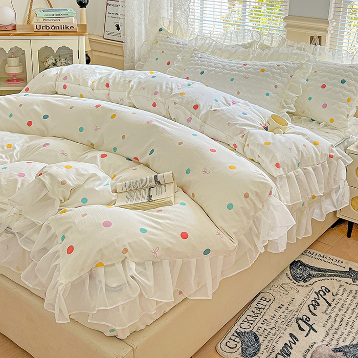 91家纺网 家纺一手货源 找家纺 艾橙家纺 2025新款雪纺花边加棉床笠款单品四件套 彩色波点