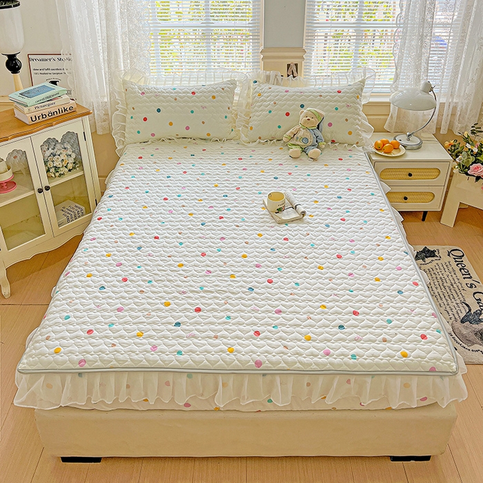 91家纺网 家纺一手货源 找家纺 艾橙家纺 2025新款雪纺花边加棉床笠款单品四件套 彩色波点