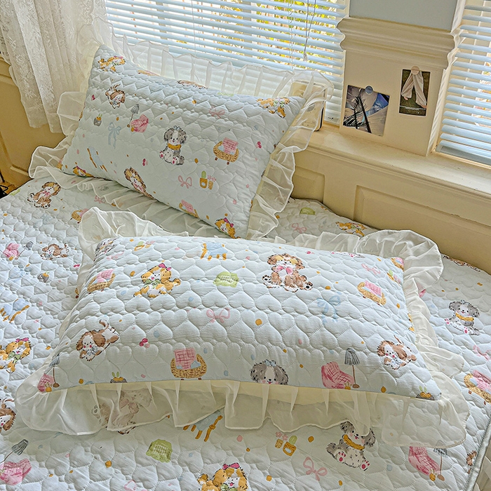 91家纺网 家纺一手货源 找家纺 艾橙家纺 2025新款雪纺花边加棉床笠款单品四件套 丹妮狗