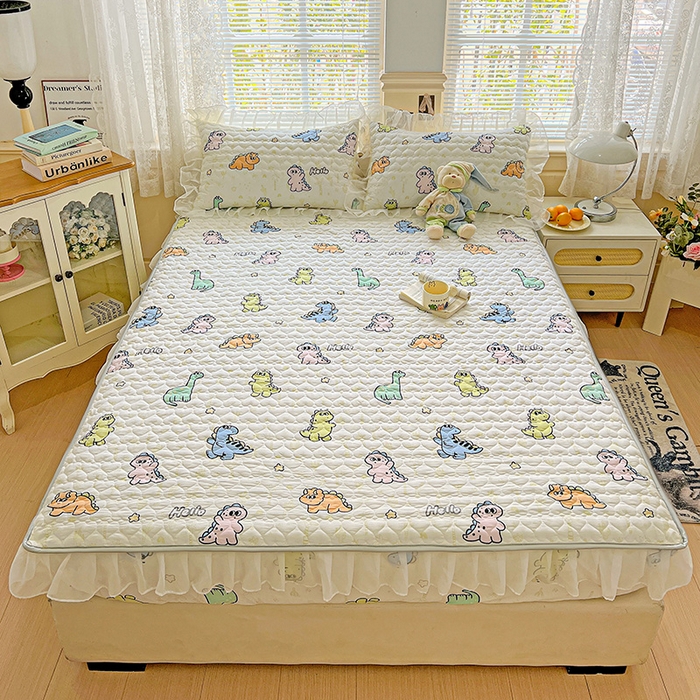 91家纺网 家纺一手货源 找家纺 艾橙家纺 2025新款雪纺花边加棉床笠款单品四件套 恐龙日记