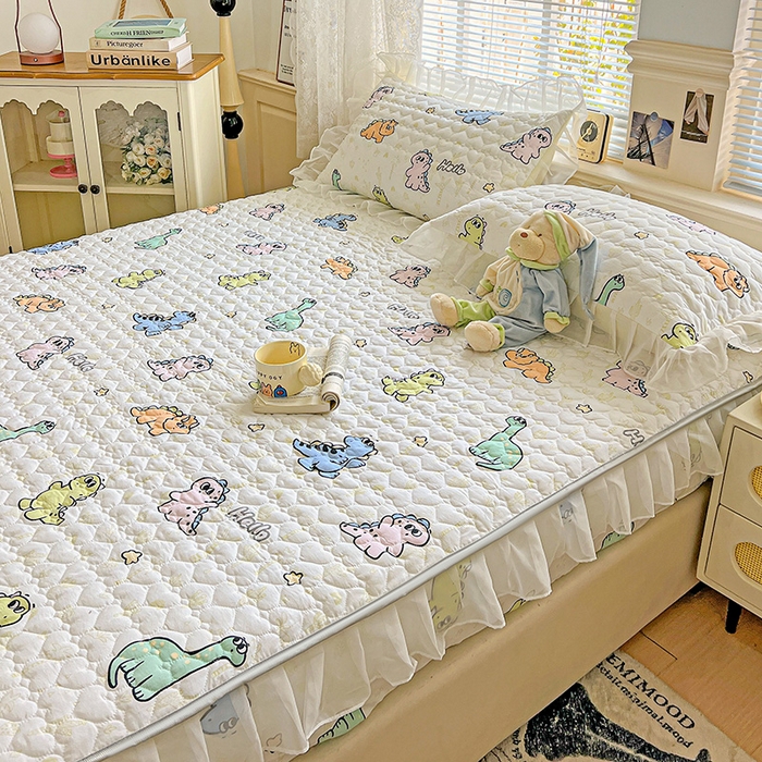 91家纺网 家纺一手货源 找家纺 艾橙家纺 2025新款雪纺花边加棉床笠款单品四件套 恐龙日记