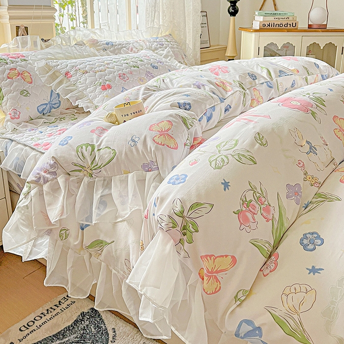 91家纺网 家纺一手货源 找家纺 艾橙家纺 2025新款雪纺花边加棉床笠款单品四件套 茉莉兔