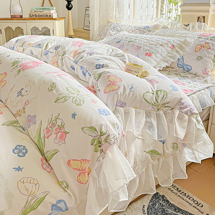 91家纺网 家纺一手货源 找家纺 艾橙家纺 2025新款雪纺花边加棉床笠款单品四件套 茉莉兔