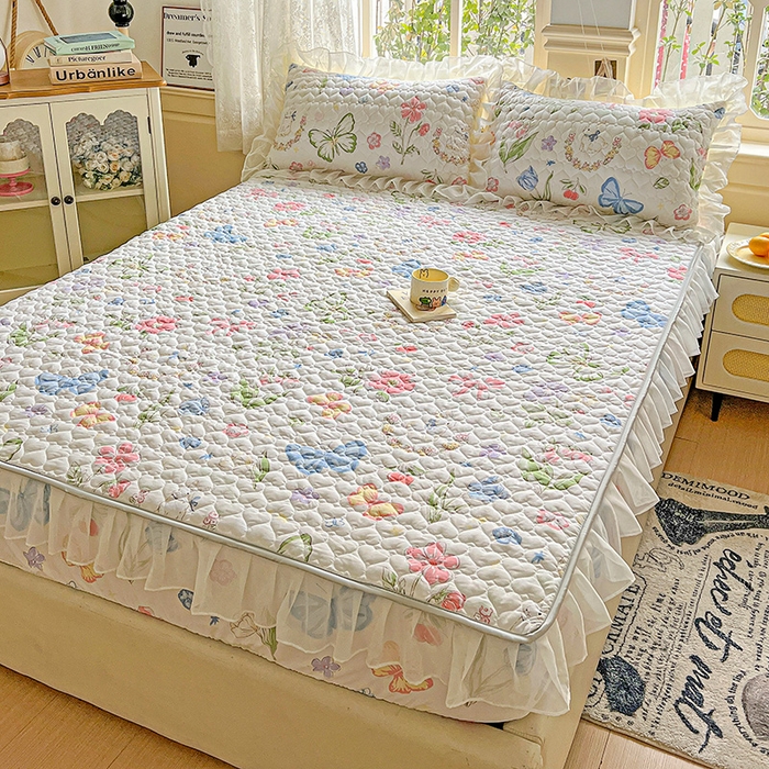 91家纺网 家纺一手货源 找家纺 艾橙家纺 2025新款雪纺花边加棉床笠款单品四件套 茉莉兔