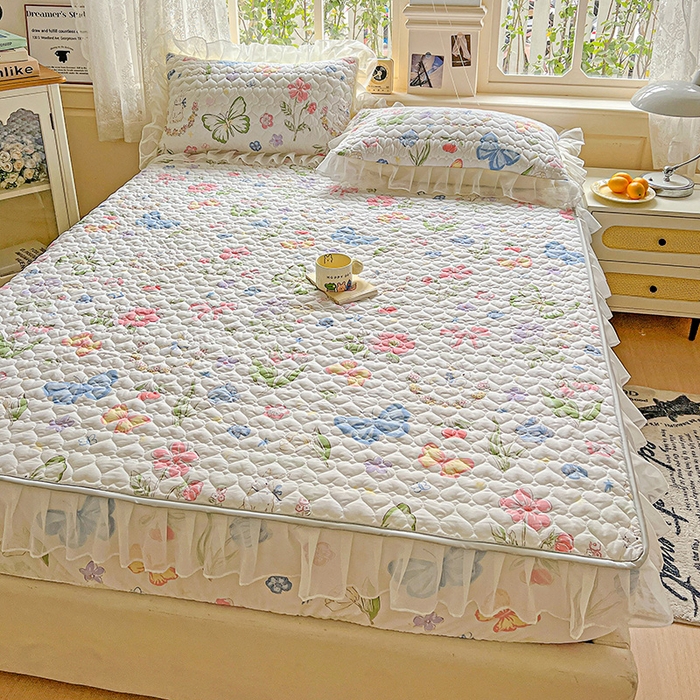 91家纺网 家纺一手货源 找家纺 艾橙家纺 2025新款雪纺花边加棉床笠款单品四件套 茉莉兔