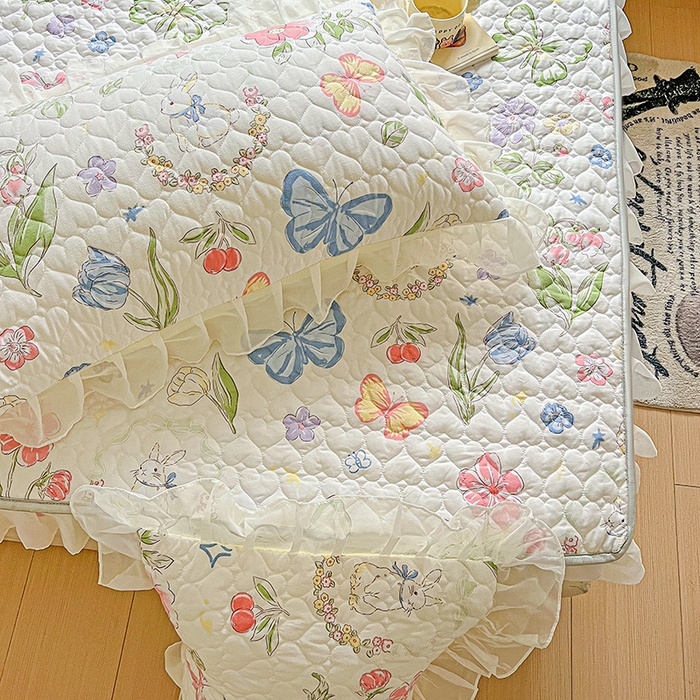 91家纺网 家纺一手货源 找家纺 艾橙家纺 2025新款雪纺花边加棉床笠款单品四件套 茉莉兔