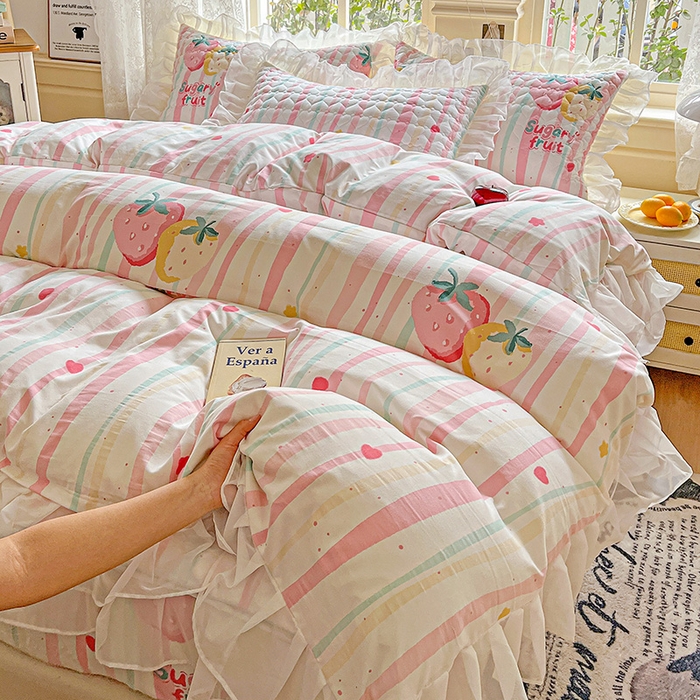 艾橙家纺 2025新款雪纺花边加棉床笠款单品四件套 糖果草莓
