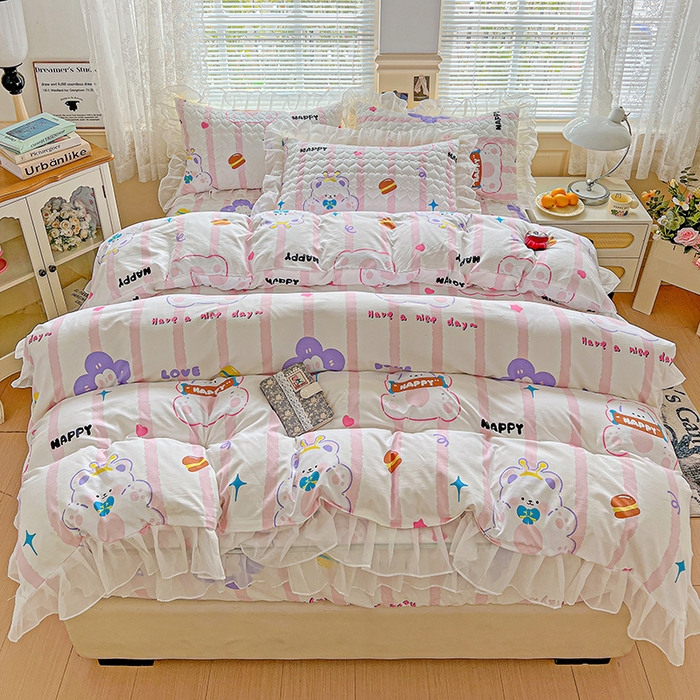 91家纺网 家纺一手货源 找家纺 艾橙家纺 2025新款雪纺花边加棉床笠款单品四件套 心彩童话