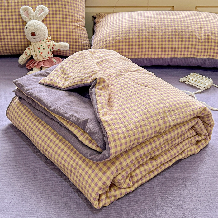 91家纺网 家纺一手货源 找家纺 一比一家纺 2025新款云感皱皱纱简单款夏被夏凉被空调被四件套 复古格