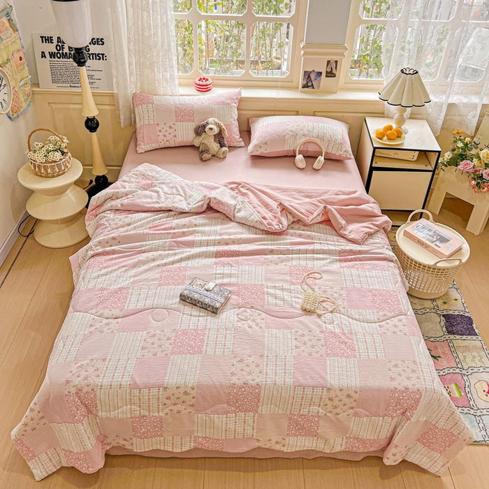 91家纺网 家纺一手货源 找家纺 一比一家纺 2025新款云感皱皱纱简单款夏被夏凉被空调被四件套 百福粉