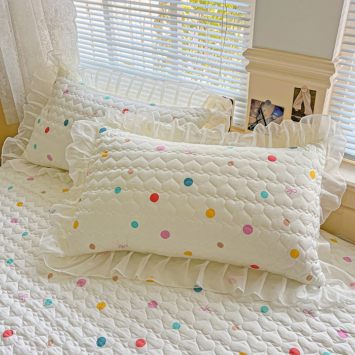 91家纺网 家纺一手货源 找家纺 艾橙家纺 2025新款雪纺花边加棉床笠款单品四件套-单枕套 彩色波点