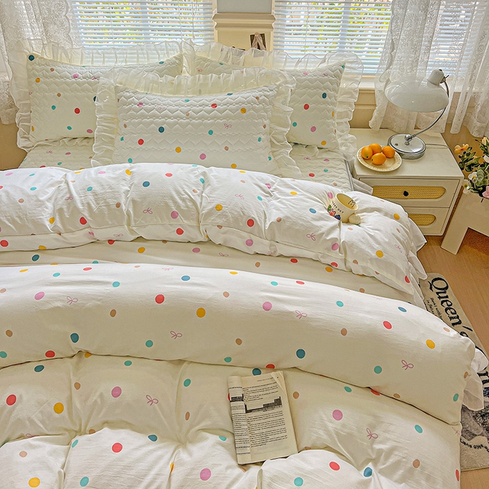 91家纺网 家纺一手货源 找家纺 艾橙家纺 2025新款雪纺花边加棉床笠款单品四件套-单枕套 彩色波点
