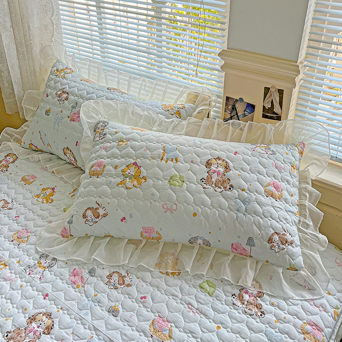 91家纺网 家纺一手货源 找家纺 艾橙家纺 2025新款雪纺花边加棉床笠款单品四件套-单枕套 丹妮狗