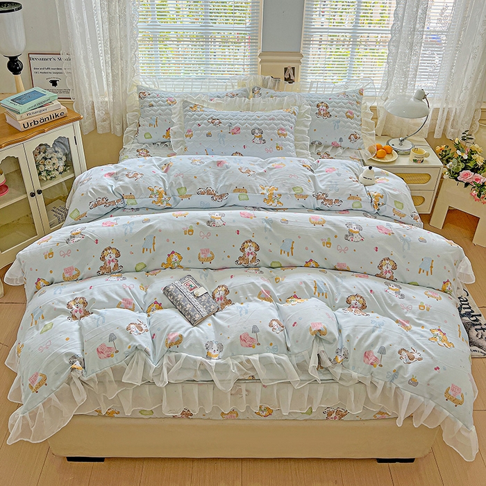 91家纺网 家纺一手货源 找家纺 艾橙家纺 2025新款雪纺花边加棉床笠款单品四件套-单枕套 丹妮狗