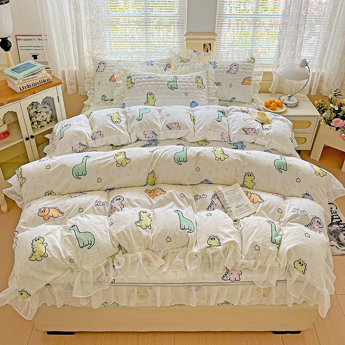 91家纺网 家纺一手货源 找家纺 艾橙家纺 2025新款雪纺花边加棉床笠款单品四件套-单枕套 恐龙日记