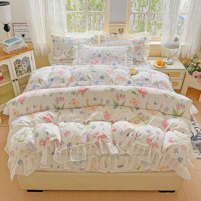 91家纺网 家纺一手货源 找家纺 艾橙家纺 2025新款雪纺花边加棉床笠款单品四件套-单枕套 茉莉兔