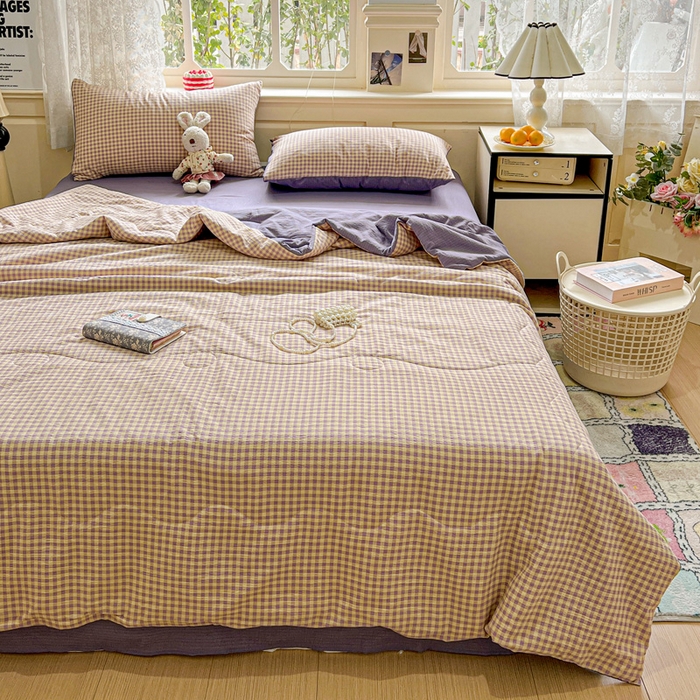 91家纺网 家纺一手货源 找家纺 一比一家纺 2025新款云感皱皱纱简单款夏被夏凉被空调被四件套 复古格