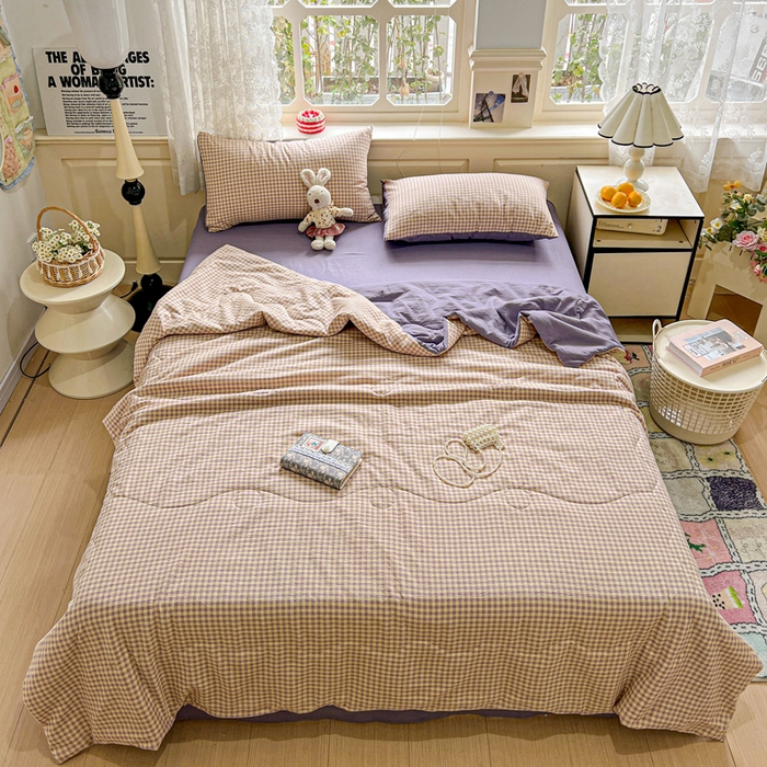 91家纺网 家纺一手货源 找家纺 一比一家纺 2025新款云感皱皱纱简单款夏被夏凉被空调被四件套 复古格