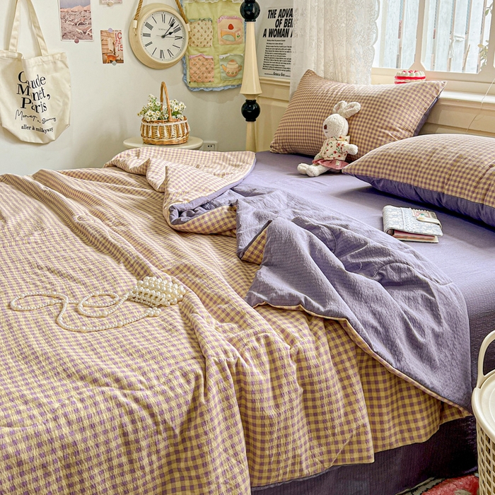 91家纺网 家纺一手货源 找家纺 一比一家纺 2025新款云感皱皱纱简单款夏被夏凉被空调被四件套 复古格