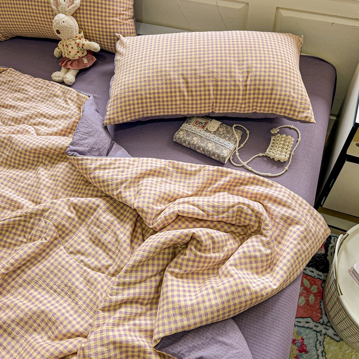 91家纺网 家纺一手货源 找家纺 一比一家纺 2025新款云感皱皱纱简单款夏被夏凉被空调被四件套 复古格