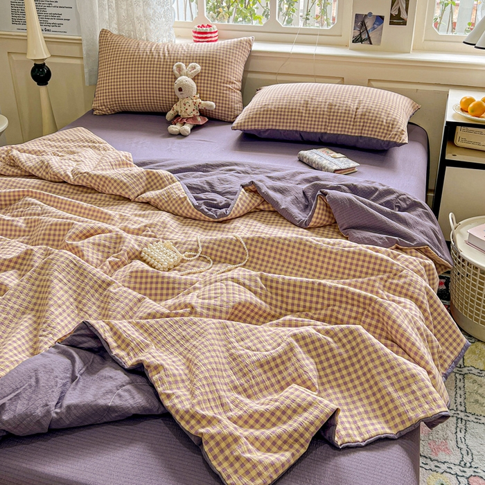 91家纺网 家纺一手货源 找家纺 一比一家纺 2025新款云感皱皱纱简单款夏被夏凉被空调被四件套 复古格