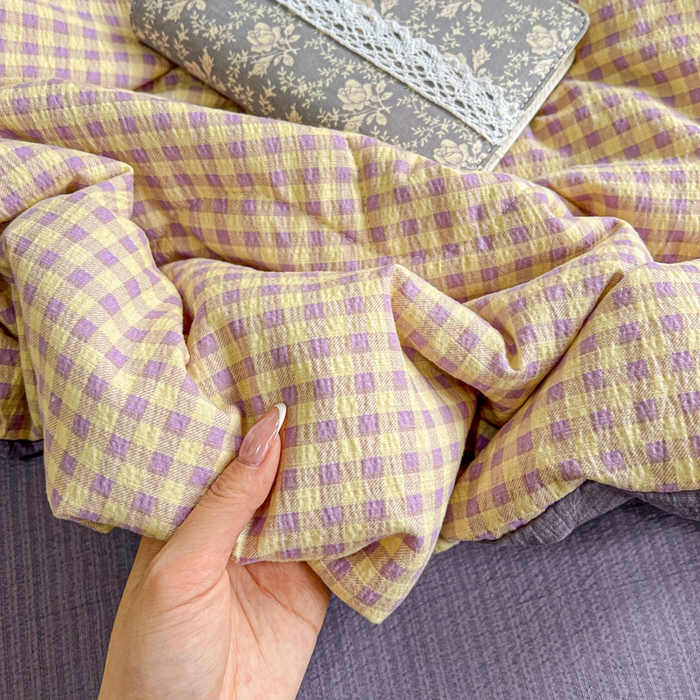 91家纺网 家纺一手货源 找家纺 一比一家纺 2025新款云感皱皱纱简单款夏被夏凉被空调被四件套 复古格