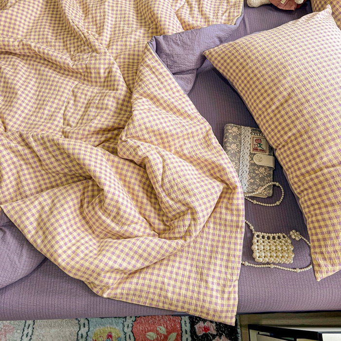 91家纺网 家纺一手货源 找家纺 一比一家纺 2025新款云感皱皱纱简单款夏被夏凉被空调被四件套 复古格