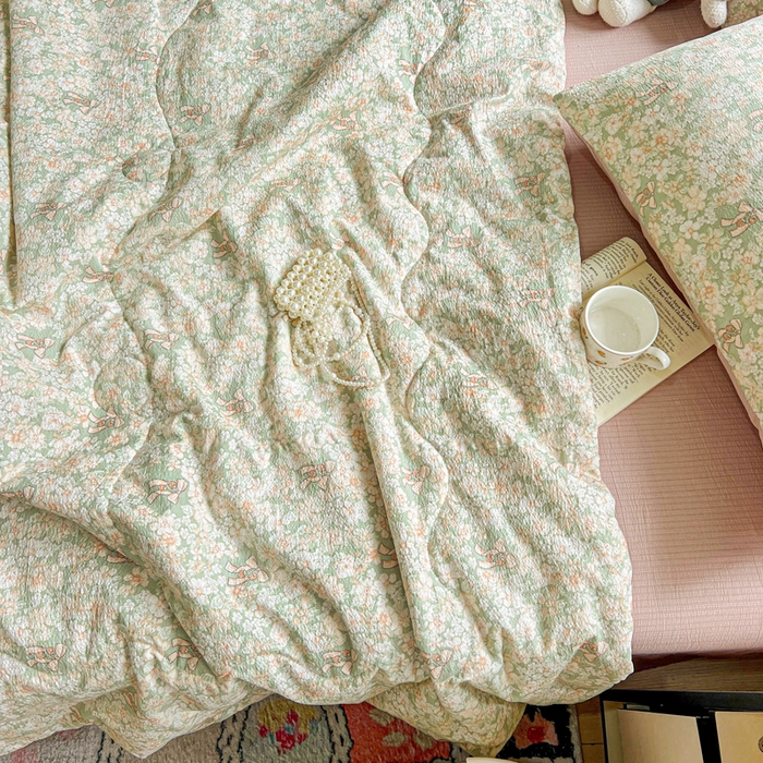 91家纺网 家纺一手货源 找家纺 一比一家纺 2025新款云感皱皱纱简单款夏被夏凉被空调被四件套 花束-绿