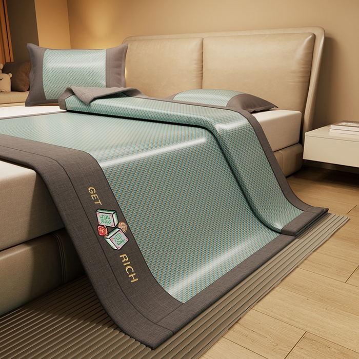 绒艺席业 2025新款抗菌刺绣凉感冰藤席 发财-松木绿