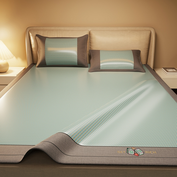 91家纺网 家纺一手货源 找家纺 绒艺席业 2025新款抗菌刺绣凉感冰藤席 发财-松木绿