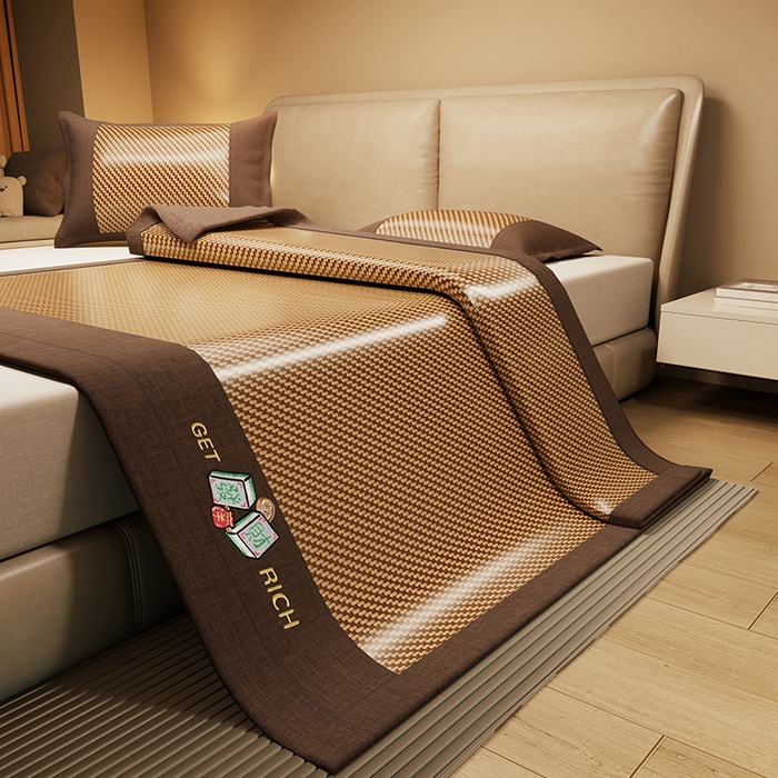 绒艺席业 2025新款抗菌刺绣凉感冰藤席 发财-优雅金