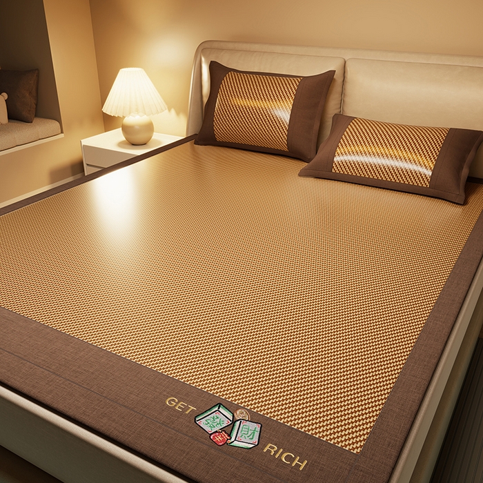 91家纺网 家纺一手货源 找家纺 绒艺席业 2025新款抗菌刺绣凉感冰藤席 发财-优雅金