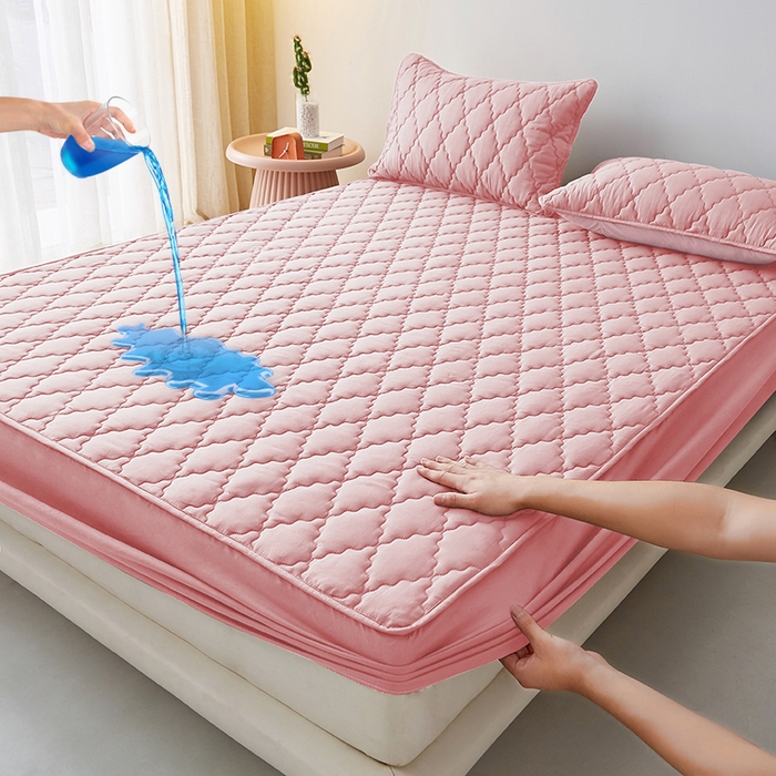 盛眠家纺 2025新款A类水洗棉防水夹棉床笠-菱格系列 Shein、速卖通，亚马逊、Temu床笠单件 跨境外贸 菱格豆沙