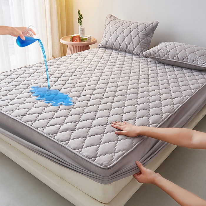 盛眠家纺 2025新款A类水洗棉防水夹棉床笠-菱格系列 Shein、速卖通，亚马逊、Temu床笠单件 跨境外贸 菱格灰色