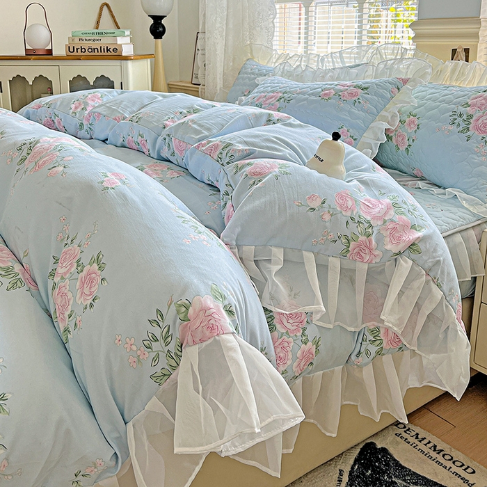 91家纺网 家纺一手货源 找家纺 （总）艾橙家纺 2025新款雪纺花边加棉床笠款单品四件套-单床笠