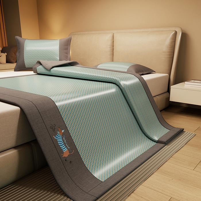 绒艺席业 2025新款抗菌刺绣凉感冰藤席 腊肠狗-松木绿