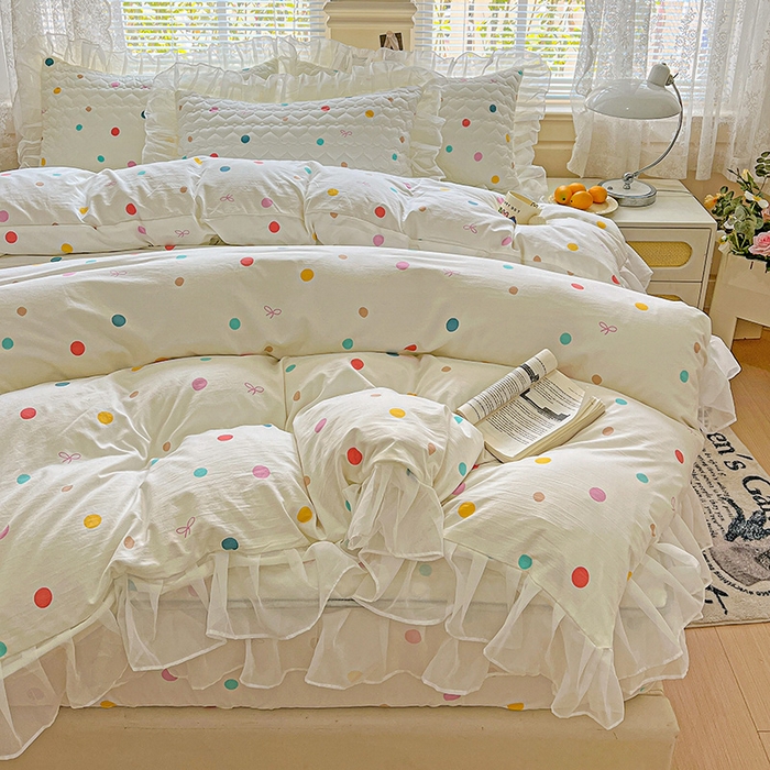 91家纺网 家纺一手货源 找家纺 艾橙家纺 2025新款雪纺花边加棉床笠款单品四件套-单床笠 彩色波点