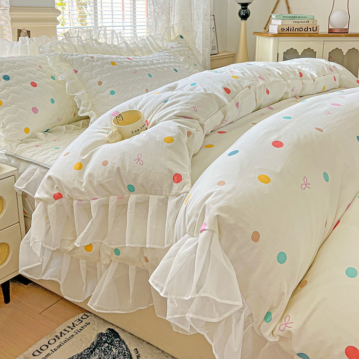 91家纺网 家纺一手货源 找家纺 艾橙家纺 2025新款雪纺花边加棉床笠款单品四件套-单床笠 彩色波点