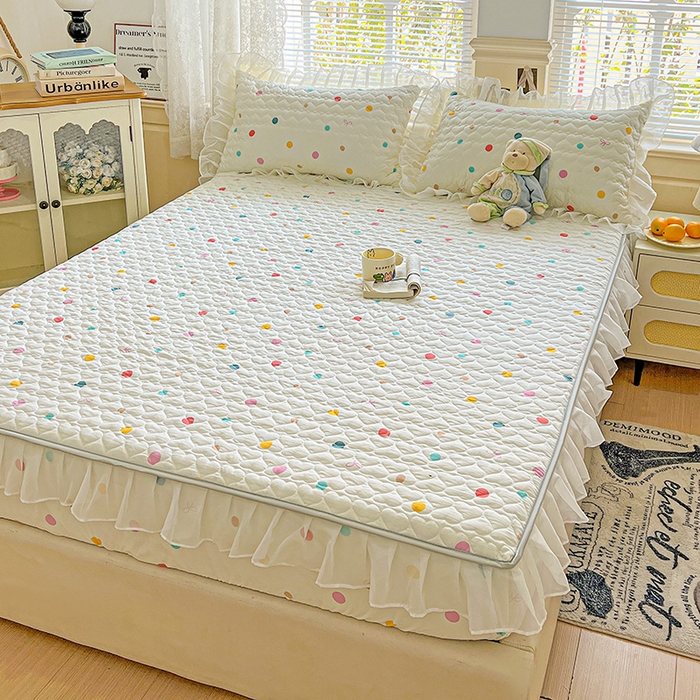 91家纺网 家纺一手货源 找家纺 艾橙家纺 2025新款雪纺花边加棉床笠款单品四件套-单床笠 彩色波点