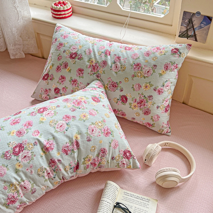 91家纺网 家纺一手货源 找家纺 一比一家纺 2025新款云感皱皱纱简单款夏被夏凉被空调被四件套 玫瑰花园兰