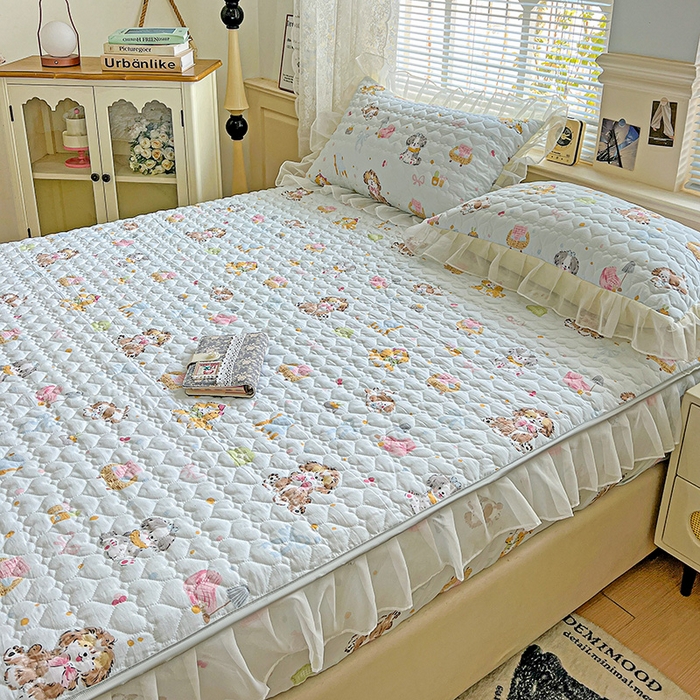 91家纺网 家纺一手货源 找家纺 艾橙家纺 2025新款雪纺花边加棉床笠款单品四件套-单床笠 丹妮狗